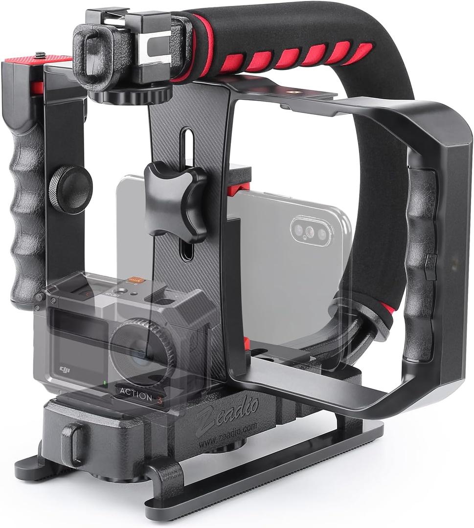 Zeadio Camera Handheld Stabilizer with Smartphone Video Cage Rig, Triple Cold-Shoe Handle Grip Compatible with All Camera Action Camera DSLR Smartphone
