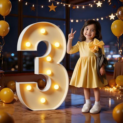 Marquee Numbers 3 Feet Tall Large Light Up Numbers 3th 13th 30th Three Rex Birthday Decorations Big Yellow Light Outdoor Anniversary Decorations Balloon Arch Kit Party Backdrop 3