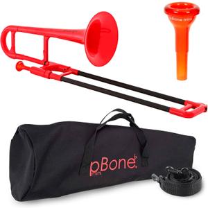 PINSTRUMENTS Plastic Kids pBone Mini Trombone - Mouthpiece & Carrying Bag- Lightweight Versatile, Comfortable Ergonomic Grip- Eb Authentic Sound for Student & Beginner- Durable ABS Construction- Red