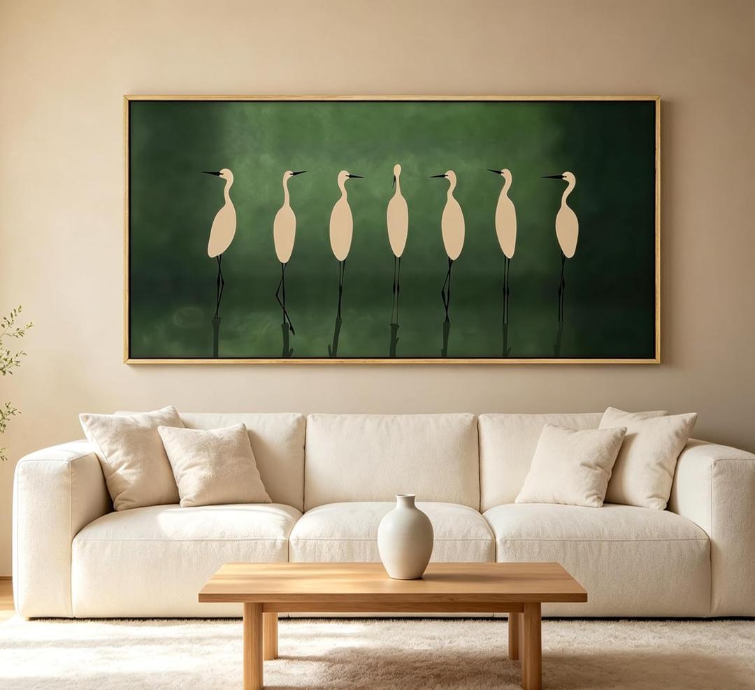 Large Wooden Framed Japanese Cranes Flock Wall Art,Vintage Bird Landscape Canvas Print,Modern Minimalist Picture Poster,Rustic Nature Animal Painting Artwork for Bedroom Living Room Office, 48"L x 24"W