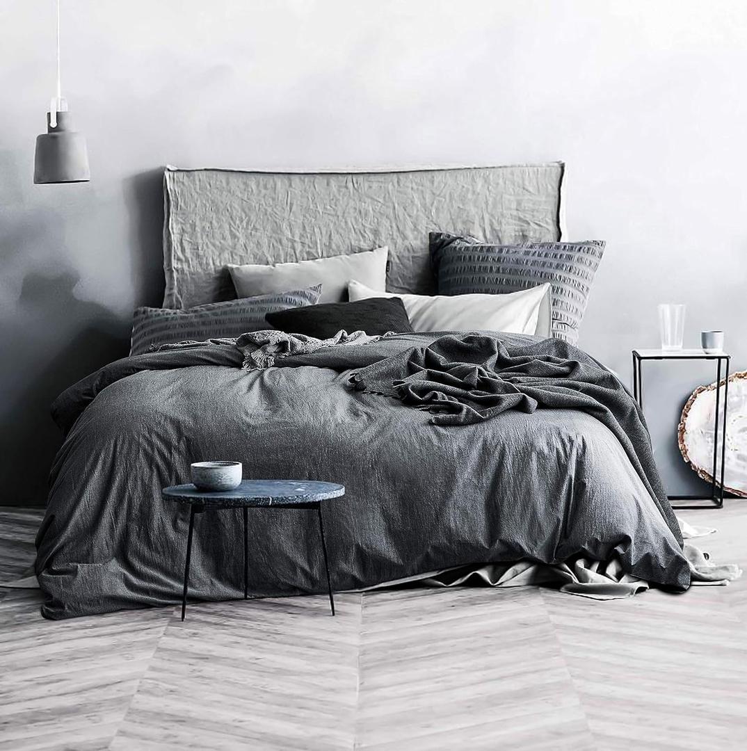 ECOCOTT Grey Duvet Cover Full Size, 100% Washed Cotton 1 Duvet Cover with Zipper and 2 Pillowcases, Ultra Soft and Easy Care Breathable Cozy Simple Style Bedding Set (Dark Grey,Full)