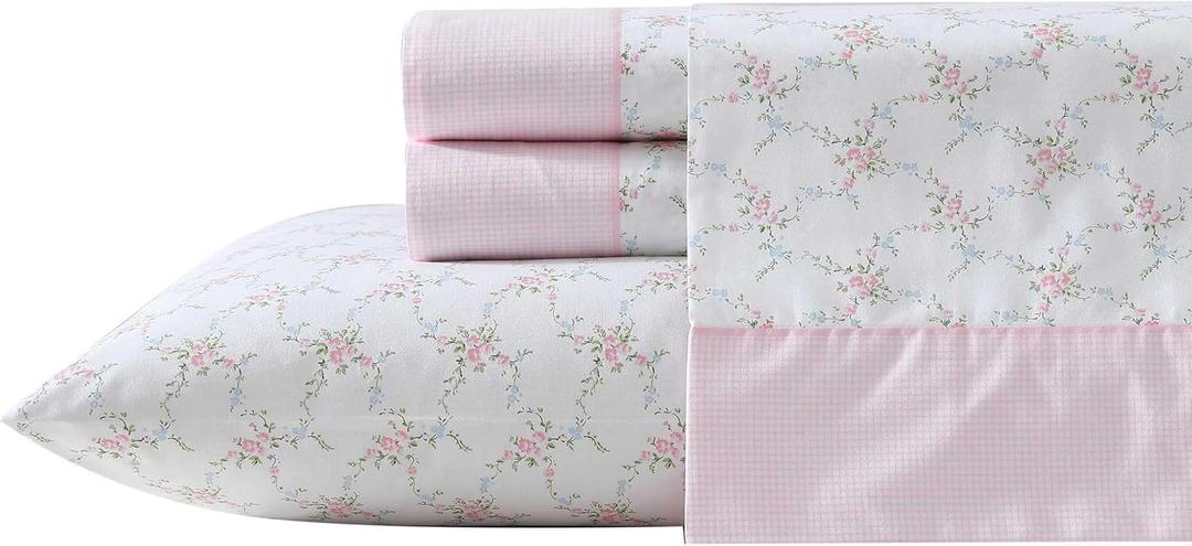 Laura Ashley - Sheet Set, Breathable Percale Cotton Bedding, 200 Thread Count, Deep Pocket, Chic Home Decor (Lynda Pink, Full)