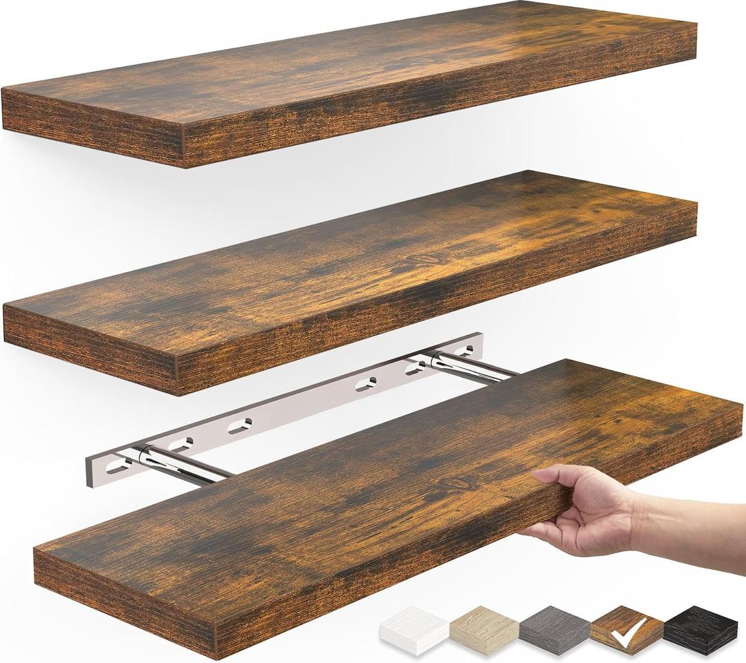 BAYKA Floating Wood Shelves - Wall Mounted for Bathroom,Bedroom,Living Room,Kitchen,Small Hanging Shelf for Books/Storage/Room Decor with 22lbs Capacity(Rustic Brown,Set of 3,15.7inch)