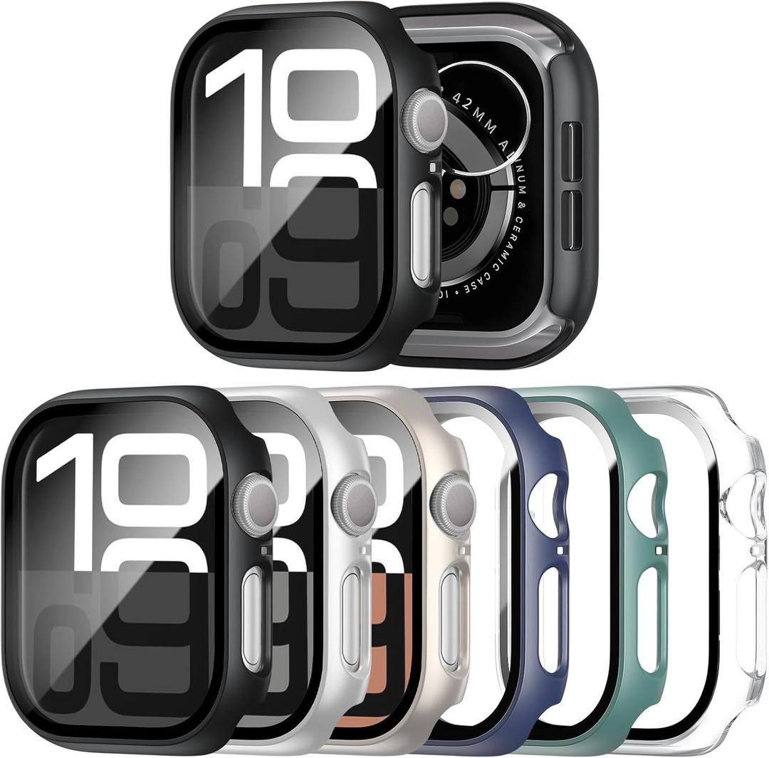JERXUN 6 Pack Case Screen Protector for Apple Watch Series 11 (2025) Series 10 42mm, Ultra-Thin Scratch Resistant Full Protective Hard PC Bumper Cover with Tempered Glass for iWatch 42mm (Black/Clear/Starlight/Silver/Blue/Green)