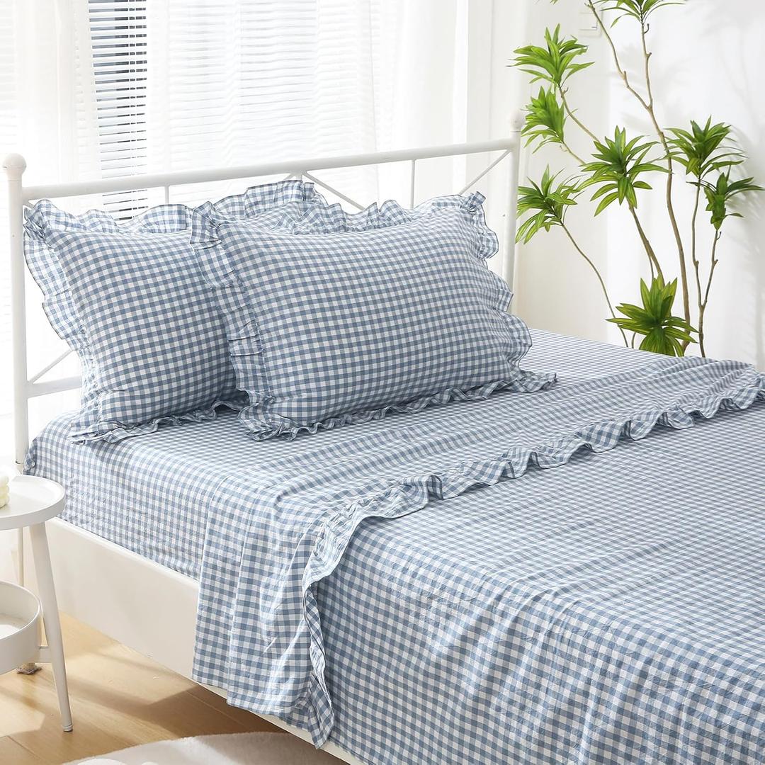 Dust Blue White Plaid Ruffle Sheets King Size 4-Piece Set, 300TC 100% Yarn Dyed Cotton Sheets 18 in Deep Pocket Classic Gingham Decorative Bedding (Dust Blue/White Plaid, King)