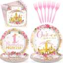 Grencian 96Pcs Princess 1st Birthday Party Decorations One-ce Upon a Time First Paper Plates and Napkins Onederland Castle Birthday Tableware for Girls Pink One Year Old Fairytale Party Supplies