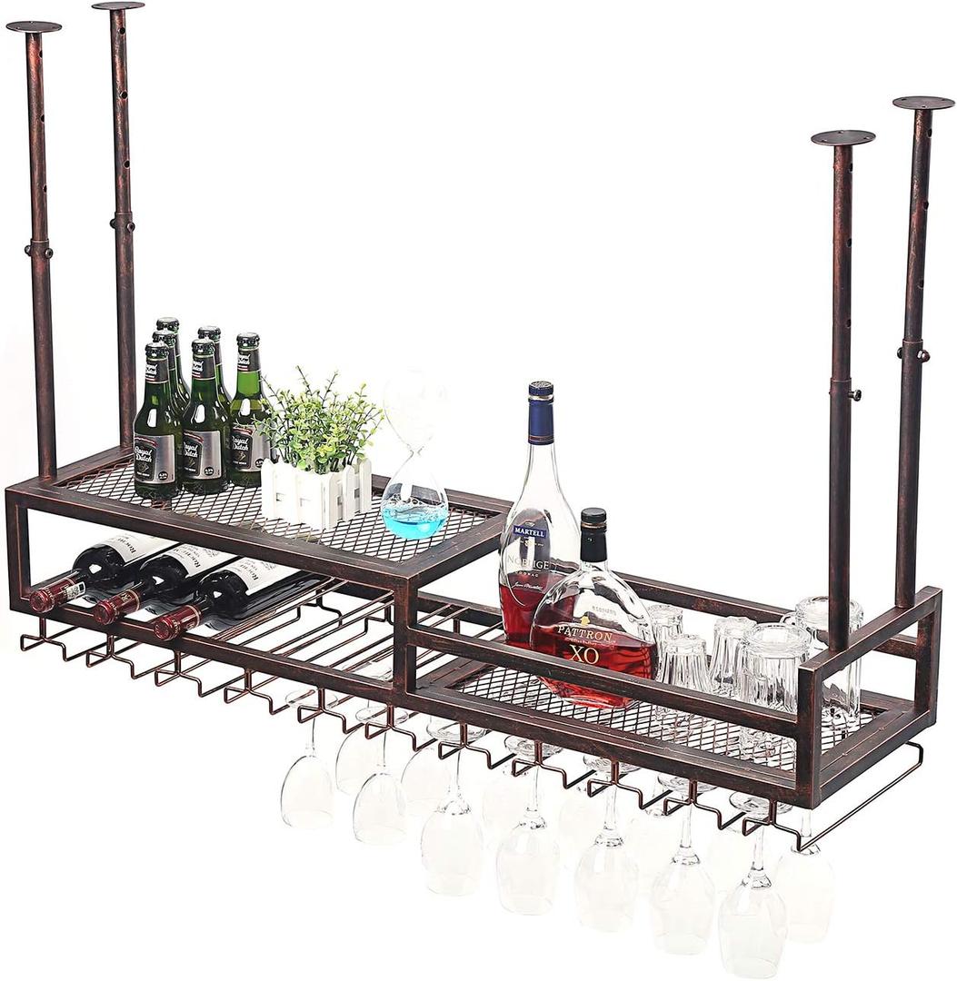 MBQQ Ceiling-Type Wine Holder,Wall Mounted Bottle Holder Hanging,Goblet Stemware Racks,Mug Racks,Vintage Home Decor,Retro Red