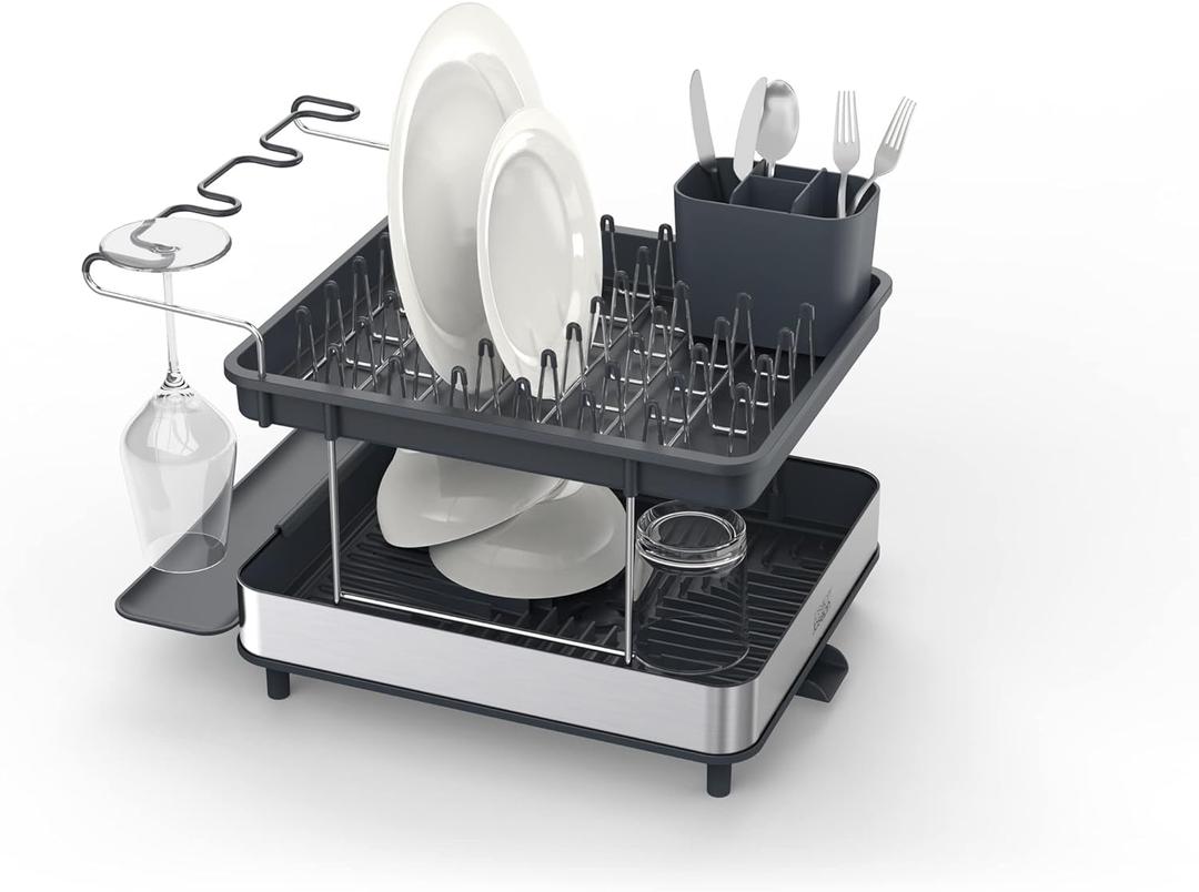 Joseph Joseph Dish Drying Rack with Wine Glass Holder - Space-Saving 2-Tier Design with Fast Draining System (Stainless Steel)