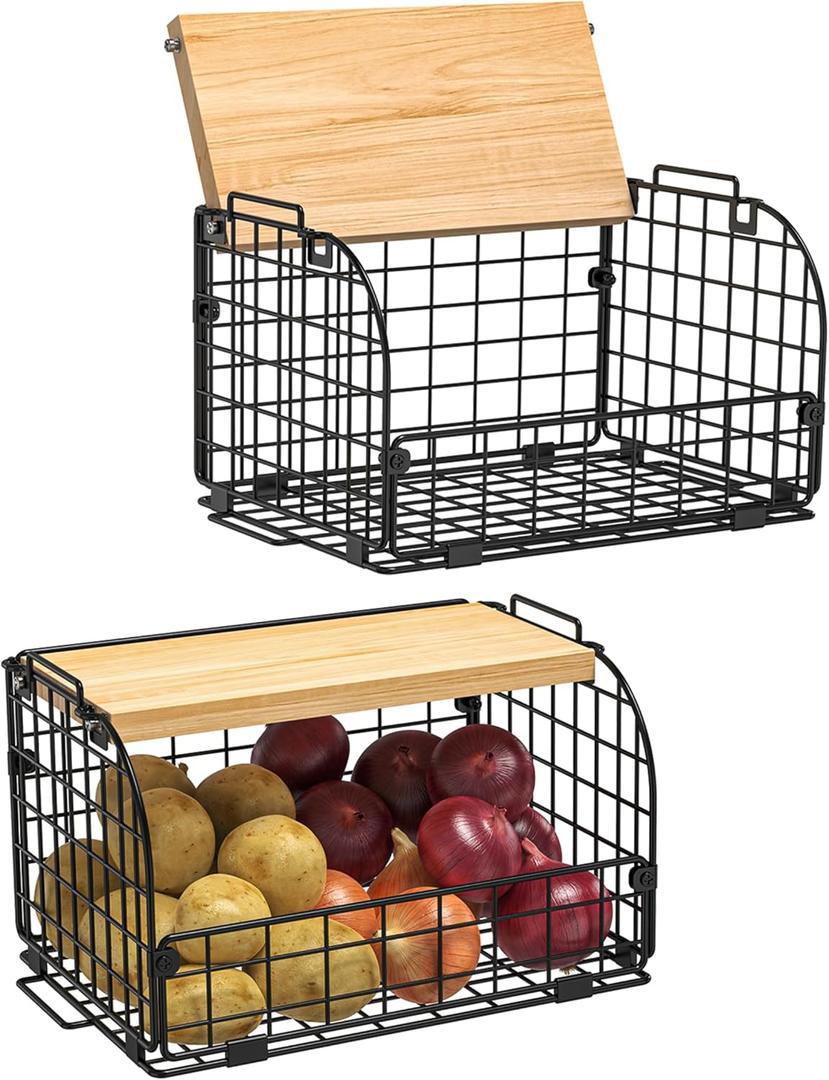2 Set Stackable Wire Basket with Openable Top, Kitchen Counter, Pantry Organizer and Storage Produce Onion Potato Fruits Vegs Bread Food Snack Spice Organizing Bin for Cabinet Shelf Countertop Floor, 12"D x 9"W x 8.45"H