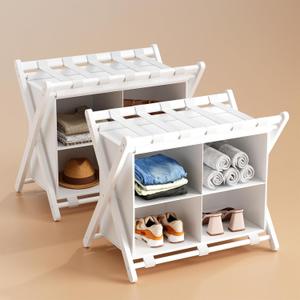 Folding Luggage Rack, 2-Pack White Bamboo Suitcase Stands with 4 Storage Compartments , Sturdy Luggage Holders for Guest Room, Bedroom, Hotel