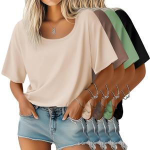 Neer 4 Pack Womens Half Sleeve T-Shirts Elbow Length Tops Women Scoop Neck Loose Basic Tee Summer Casual Blouses (X-Large, Apricot, Coffee, Matcha Green, Black)