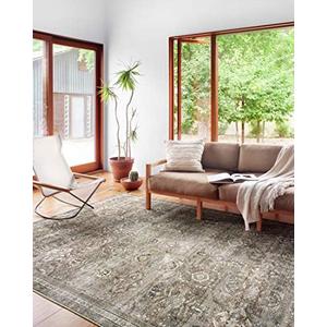 Loloi Layla Collection LAY-13 Antique/Moss 9'-6" x 14' .13" Thick Area Rug, Soft, Durable, Vintage Inspired, Distressed, Low Pile, Non-Shedding, Easy Clean, Printed, Living Room Rug