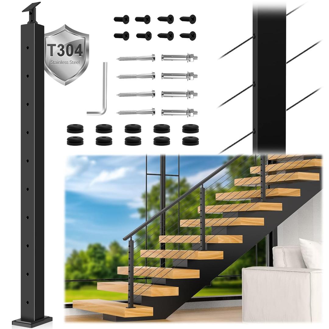 T304 Cable Railing Stair Post 36", "Drilled Stainless Steel Black Finish Staircase Deck Post with Cable Grommets Fit for 25-35 Stairway, Adjustable Top Mount