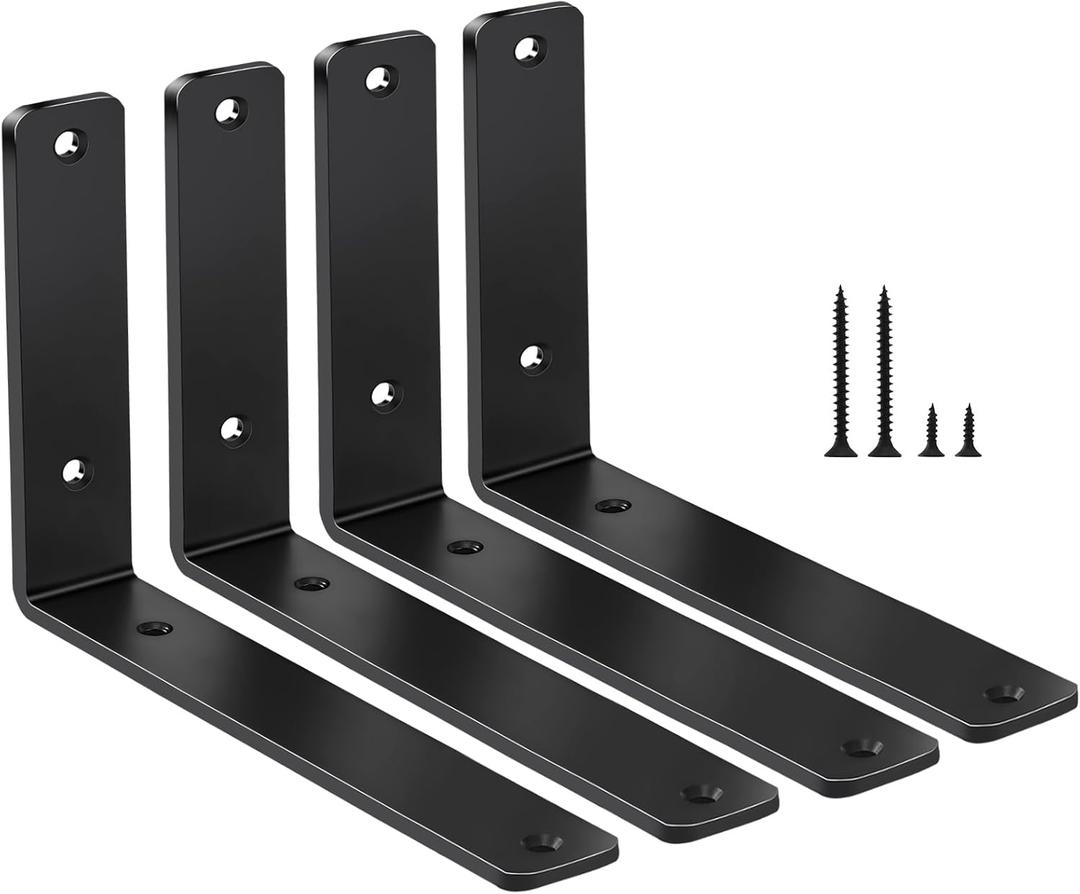 4 Pack - L 6" x H 4" x W1.5, 5mm Thick Black L Shelf Bracket, Iron Shelf Brackets, Metal Shelf Brackets, Floating Shelf, Shelf Supports with Screws
