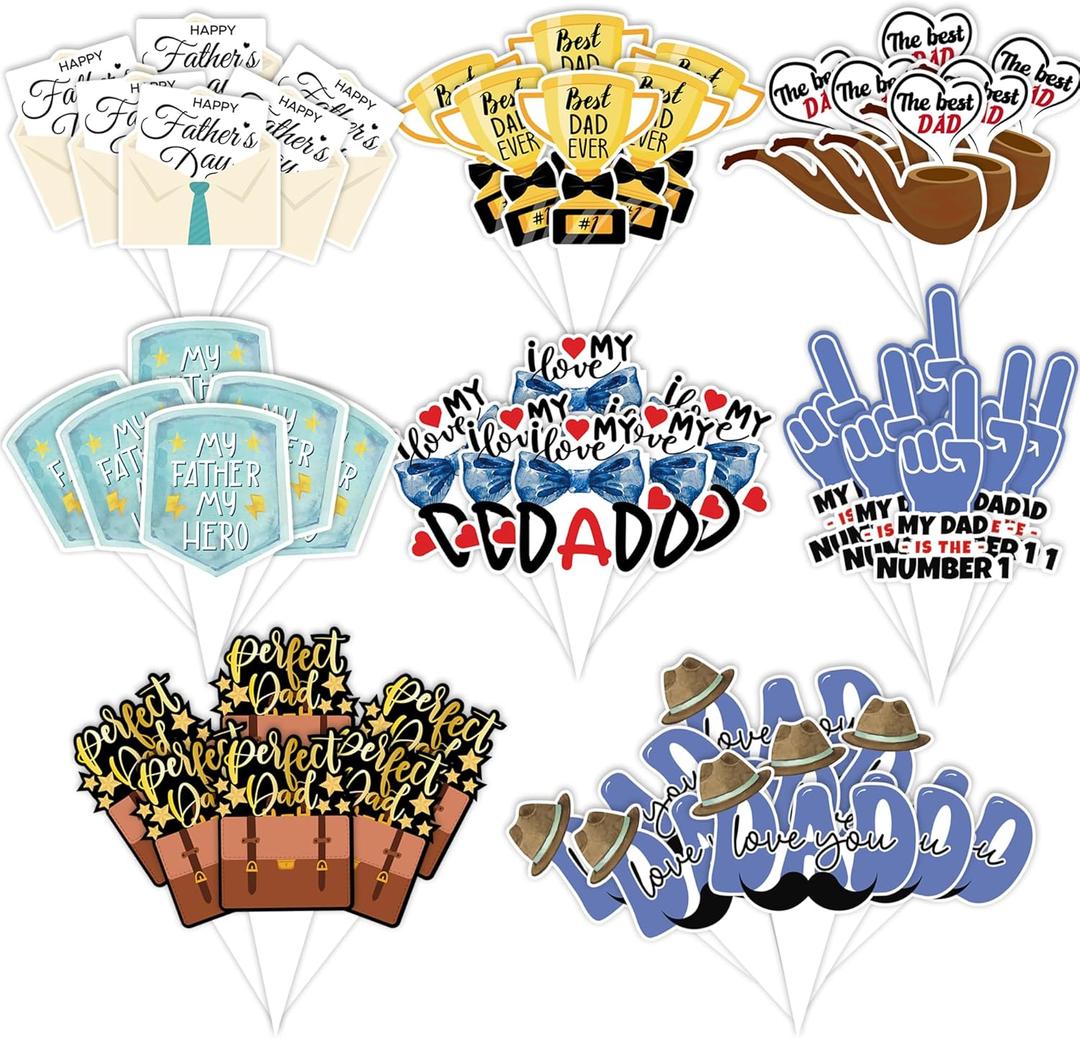 2 x 48Pcs Father's Day Cupcake Toppers Happy Dad Birthday Party Cake Decorations Best Dad Ever Dessert Decor Supplies for Dad Birthday Father's Day Party (8 Design)