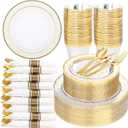 Ciaell 350PCS Clear Plastic Plates with Gold Trim for 50 Guests,Includes 100 Plastic Plates, 50 Pre Rolled Napkins with Gold Silverware, 50 Cups, Disposable Dinnerware Set for Wedding & Party
