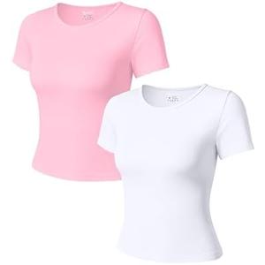 OQQ Women Short Sleeve 2 Piece T-Shirts Crew Neck Fitted Basic Tee 2025 Summer Crop Top Pink Cherry Blossom White, M
