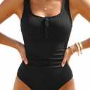 Daci Women Ribbed One Piece Swimsuits Tummy Control Full Coverage Bathing Suit Cute Button Up Ruched Modest Swimwear (Black, XL)