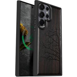 Carveit Magnetic Wooden Case for Samsung Galaxy S25 Ultra Case 2025, TPU Shockproof Cover & Wood Artisan Engraved, Compatible with MagSafe Wireless Chargers (Eternal Tree) Blackwood