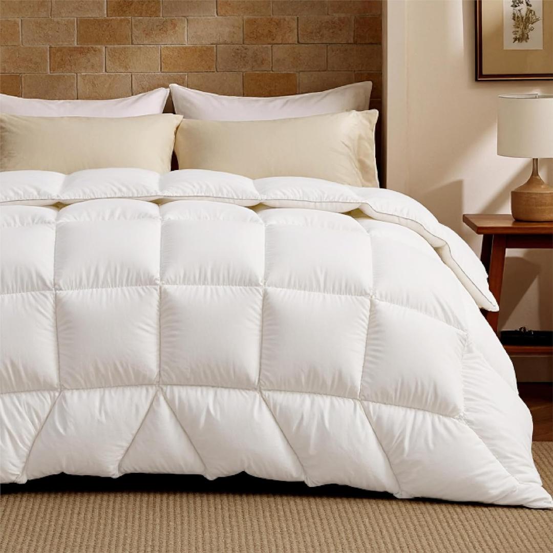 Bedsure Feather Down Comforter Queen Size, Luxurious Fluffy Hotel Duvet Insert with Storage Bag & 8 Corner Tabs, Ultra Soft Cotton Blend Fabric (90x90 Inches, White)
