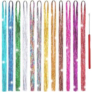 Hair Tinsel Kit 12 Colors, 2500 Strands 48 Inches Sparkling Tinsel Hair Extensions with Tool, Fairy Hair Tinsel for Birthday Halloween Christmas New Year Party