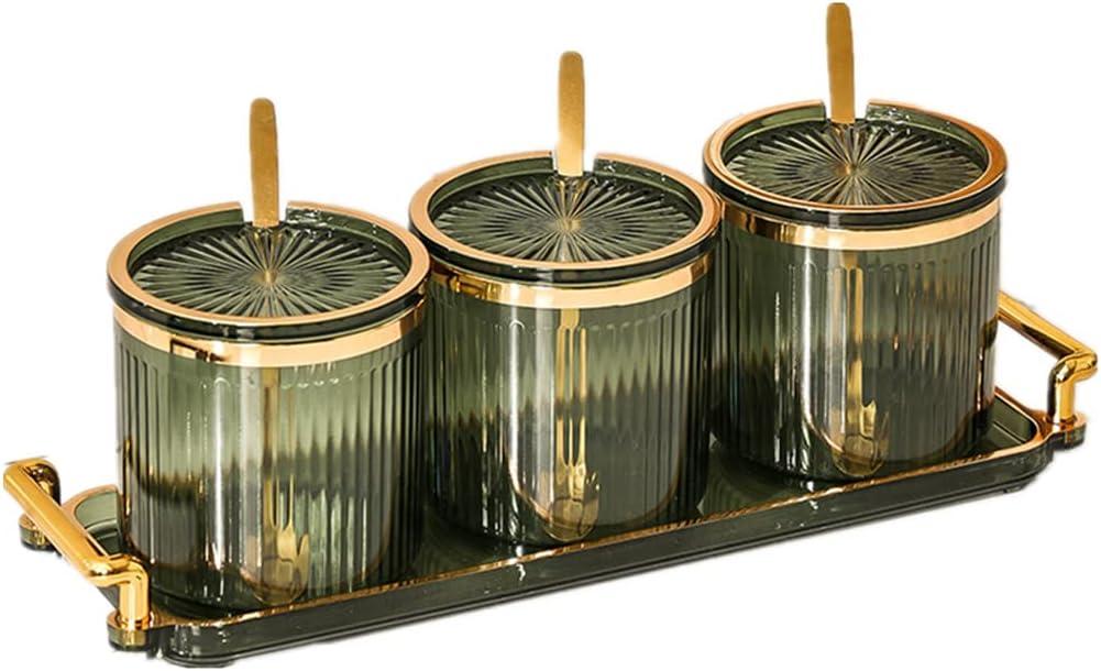 Acrylic Condiment Spice Jars, Condiment Spice Box With Lids and Spoons and Tray, Clear Plastic Condiment Canisters, Seasoning Box 3 Pack, Seasoning Box Set for Kitchen to Storage Salt, Paprika, Sugar (Green)