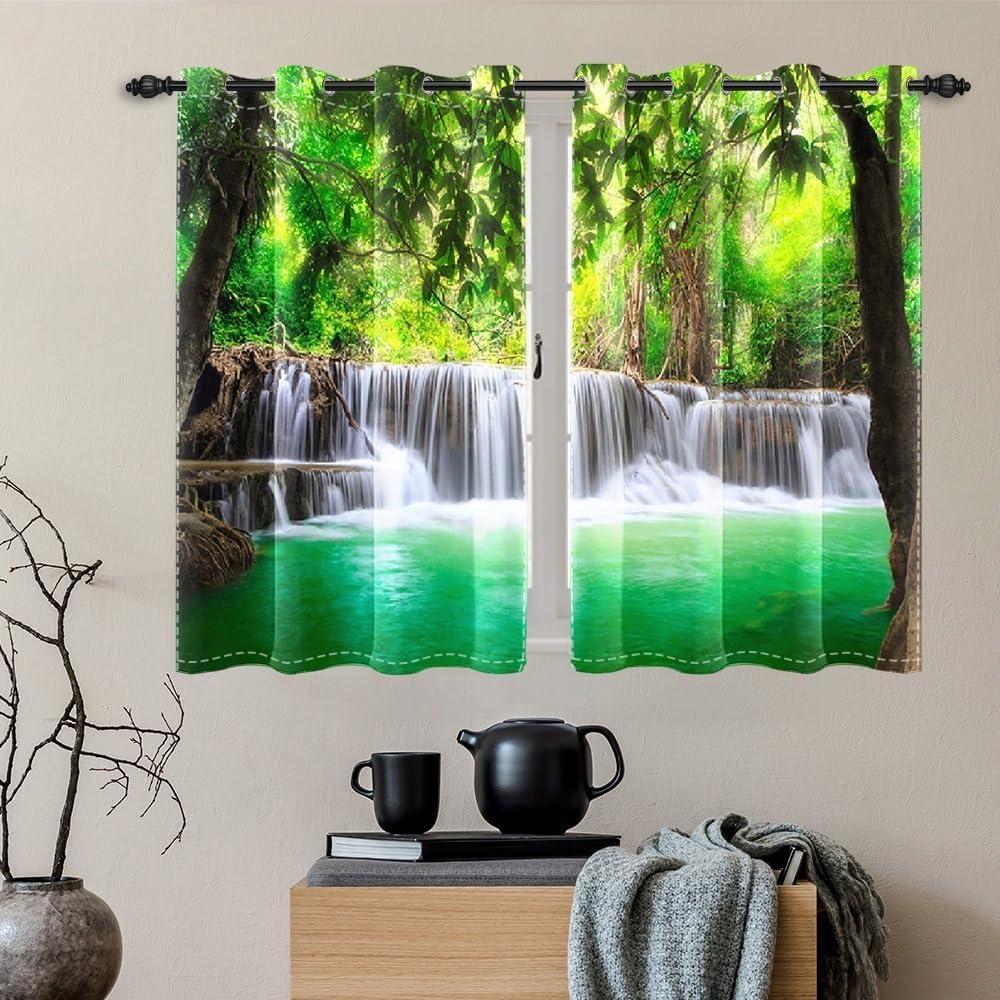 Spring Landscape Window Curtains Outdoor Green Natural Scenery Creek Waterfall Green Meadow Blackout Drapes Window Treatments for Living Room Bedroom Decor,21x45 inch,2 Panels