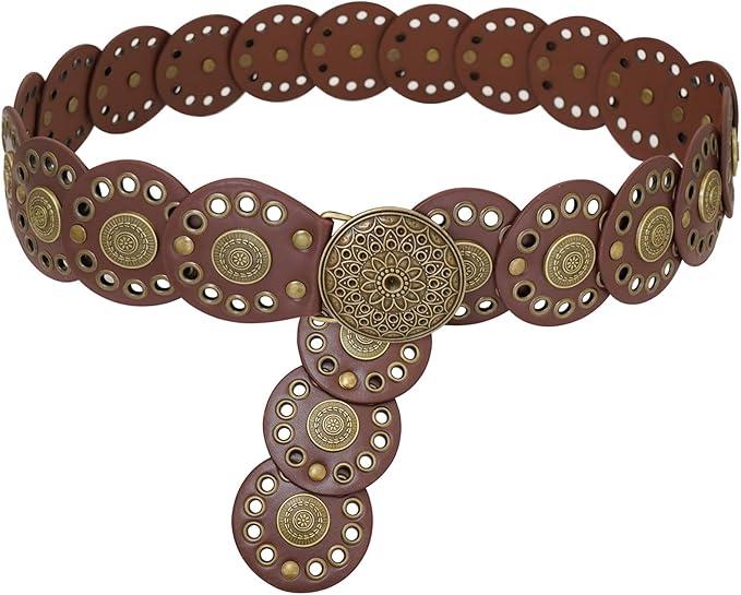 Wide Disc Belt for Women Disk Concho Belts Western Leather Belt Boho Waist Belt for Dress