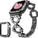 Mesime Compatible with Apple Watch Band 38mm 40mm 41mm 42mm 44mm 45mm 46mm, Women Bling Jewelry Bands with Tempered Glass Screen Protector Case, Shiny Strap for iWatch Series 10/9/8/7/6/5/4/3/2/1/SE (Black)