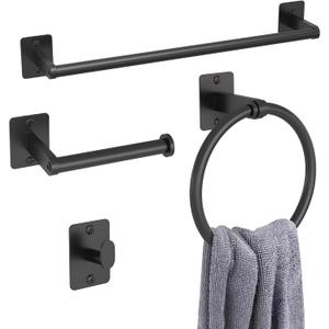 KLJKPA Matte Black Bathroom Accessories Set, 4 Pieces Bathroom Hardware Set, 16 inch Towel Bar, Towel Racks for Bathroom, Robe Towel Hooks, Toilet Paper Holder Wall Mounted