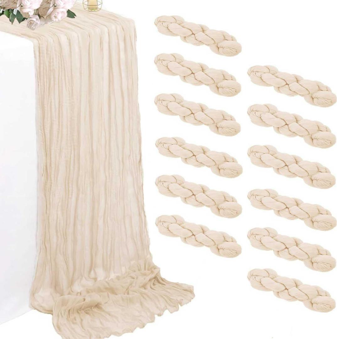 12 Pack Beige Cheesecloth Table Runners 35 x 120 Inch Rustic Boho Gauze Christmas Table Runner for Wedding Arch, Party Decoration, Bridal Shower, Reception, Farmhouse Dining Decor