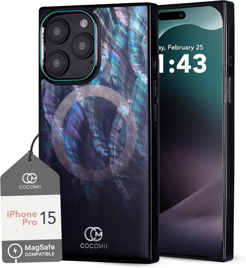 COCOMII Rectangle Case for iPhone 15 Pro, Compatible with MagSafe, Black Real Mother of Pearl