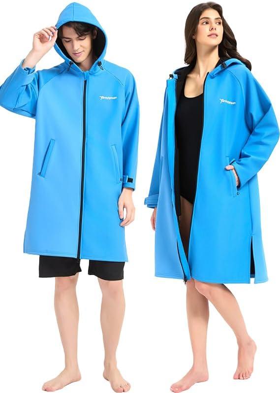 Waterproof Swimming Parka, Windproof Fleece Lined Surf Poncho Coat, Water Resistant Oversized Jacket for Swimming (Blue, S)