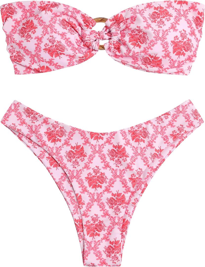 ZAFUL Women's Bandeau Bikini O Ring Strapless Tie Back High Cut Two Piece Swimsuit Bathing Suits (L)