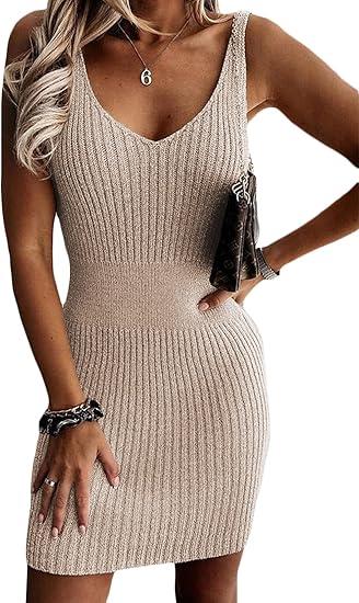 Sidefeel Womens 2026 Summer V Neck Ribbed Knit Sleeveless Tank Dresses Sexy Bodycon Club Night Out Dresses