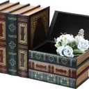 2 Pack Decorative Book Boxes, Wooden Vintage Book Shaped Trinket Box with Lid, Faux Stacked Hollow Books with Hidden Storage, Antique Container for Table Centerpiece, Bookshelf, Library Decor