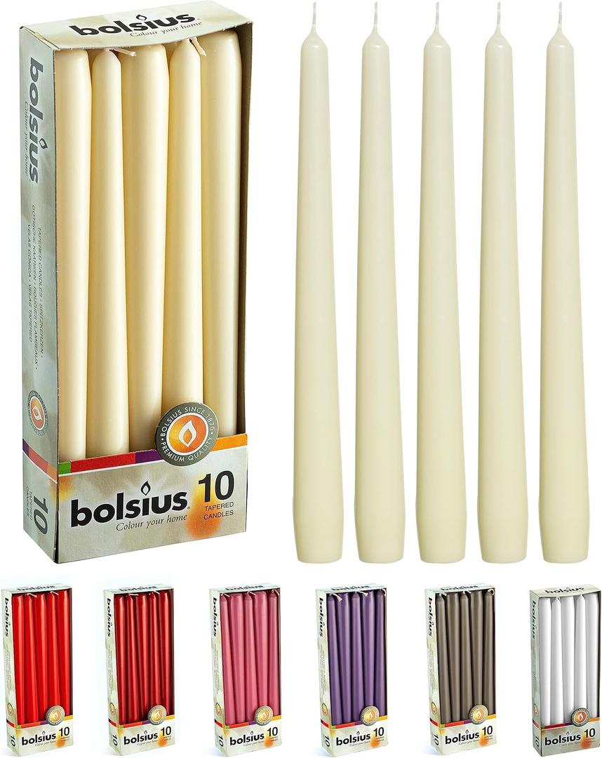 BOLSIUS Ivory Taper Candles - 10 Pack Unscented 10 Inch Dinner Candle Set - 8 Hours Burn Time - Premium European Quality - Smokeless and Dripless Household, Wedding, Party, and Home Dcor Candlesticks