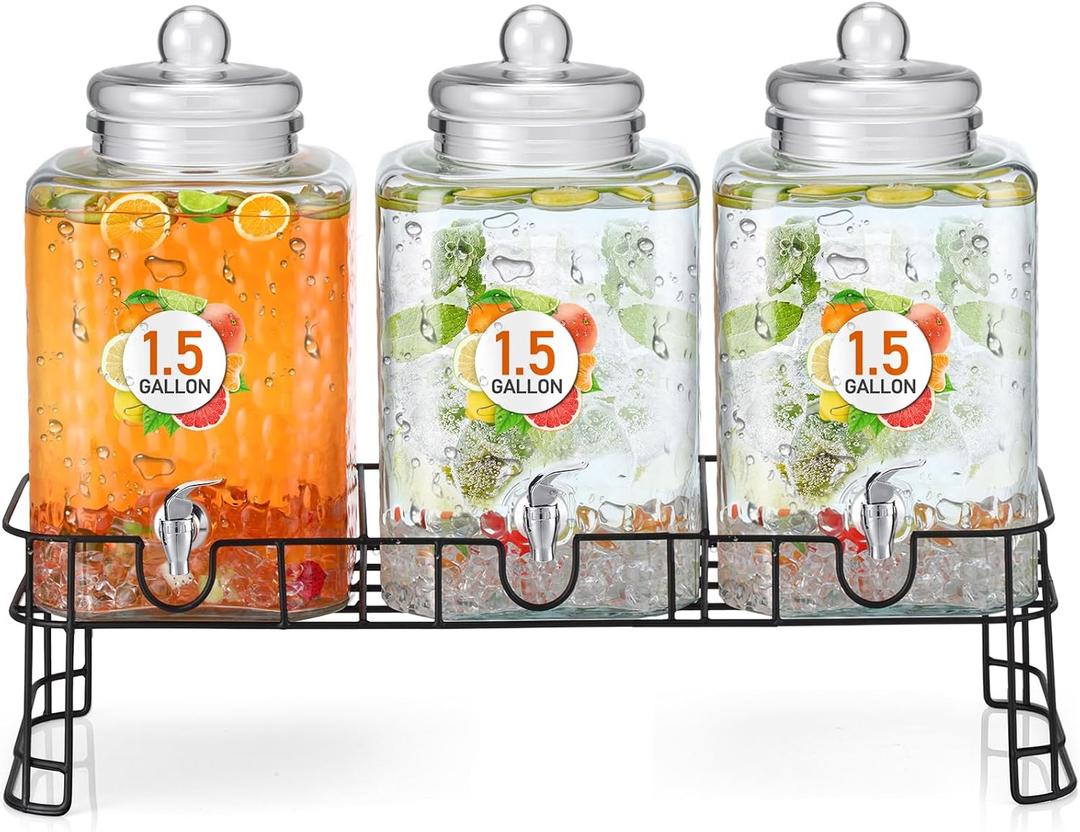 Honeydak 1.5 Gallon Glass Beverage Dispenser with Stand Stainless Steel Spigot Glass Lid Clear Iced Juice Container Leakproof Drink Dispenser Countertop Lemonade Water Jar for Wedding Party (3 Pack)