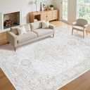 8x10 Area Rugs for Living Room:Beige Washable Vintage Medallion Rug Non-Slip Soft Low Pile Large Rugs Indoor Retro Carpet for Bedroom Kitchen Nursery Dining Table Office (Beige)
