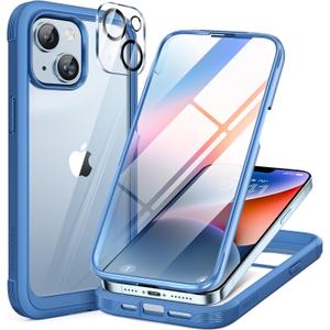Miracase Glass Series Designed for iPhone 14 Plus Case 6.7 inch, 2023 Upgrade Full-Body Clear Bumper Case with Built-in 9H Tempered Glass Screen Protector and Camera Lens Protector,Blue