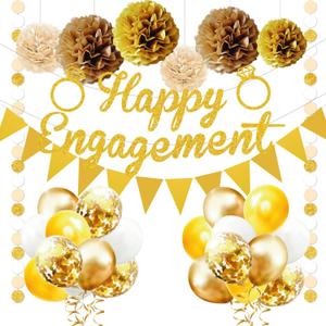 Engagement Party Decorations Set - Complete Kit with Gold Engaged Banner, Garland, 20 Balloons & 6 Pom Poms for Proposal & Engagement Celebration DecorComplete (Gold)