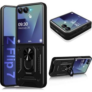 Case for Samsung Galaxy Z Flip 7 Case with Magnetic Kickstand Slide Camera Cover Protector Car Mount Stand Military Grade Heavy Duty Shockproof Bumper Protective Cases for Samsung Z Flip 7 5G (Black)