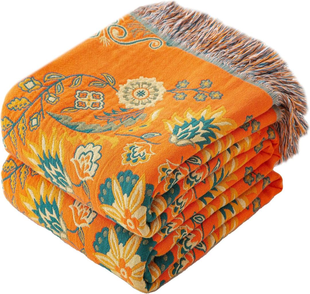 Boho Throw Blanket Twin Size, Soft Cozy Cotton Muslin Quilt Blanket for Bed Decor, Floral Patterned Couch Sofa Chair Cover, Vintage Farmhouse Cottage Tapestry Woven Blanket, Orange&Green (60" x 80", Blooming Words)