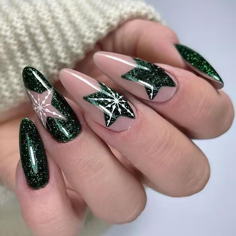 Christmas Press on Nails Medium Almond Fake Nails Green False Nails White Snowflake Glue on Nails Glossy Glitter for Nails Press on Acrylic Nails Star Stiletto Nails Stick on Nails for Women and Girls