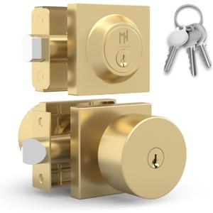 Mega Handles SUANA Entrance Combo, Door Knob and Cylinder Deadbolt and Key Combo, Heavy Duty Locking Door Knobs for Left or Right-Handed Doors Satin Brass