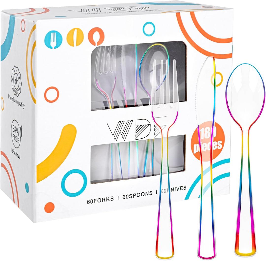 WDF 180 PCS Rainbow Plastic Silverware - Clear Colorful Cutlery Disposable Heavy Duty Include 60 Forks, 60 Knives and 60 Spoons - Colorful Disposable Utensils for Trolls Party/Birthday Party