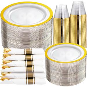 Rubtlamp 350 Pcs Clear Gold Plastic Plates, Disposable Dinnerware, Clear-Gold Plates Set Include 50 Dinner Platos 50 Dessert Platos, 50 Cups, 50 Pre Rolled Napkins with Cutlery Set for Party