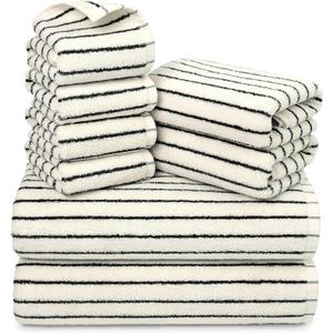 Jacquotha 8 Piece Black and White Towel Set, Super Soft & Absorbent Cotton Striped Towels for Bathroom Decor, 2 Bath, 2 Hand, 4 Washcloths