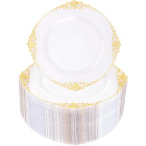 Morejoy 100 Pieces Gold Plastic Plates - Clear Gold Disposable Plates - 10.25inch Clear Plastic Dinner Plates With Gold Rim for Weddings & Parties & Shower