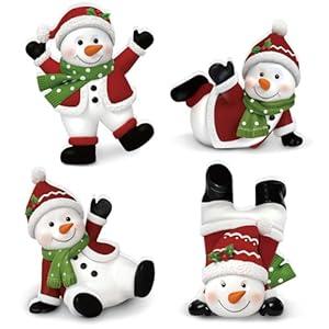 DoubleFill 4 Pcs Christmas Snowman Figurines Table Top Set Sitting Laying Standing Tabletop Decoration Wooden Snowman Statue Decor for Winter Holiday Mantle Desk Shelf Party Decoration